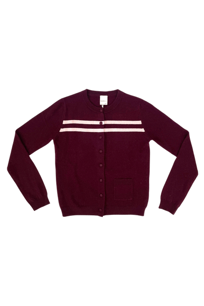 CASHMERE WOOL STRIPE CARDIGAN IN RASPBERRY CREAM